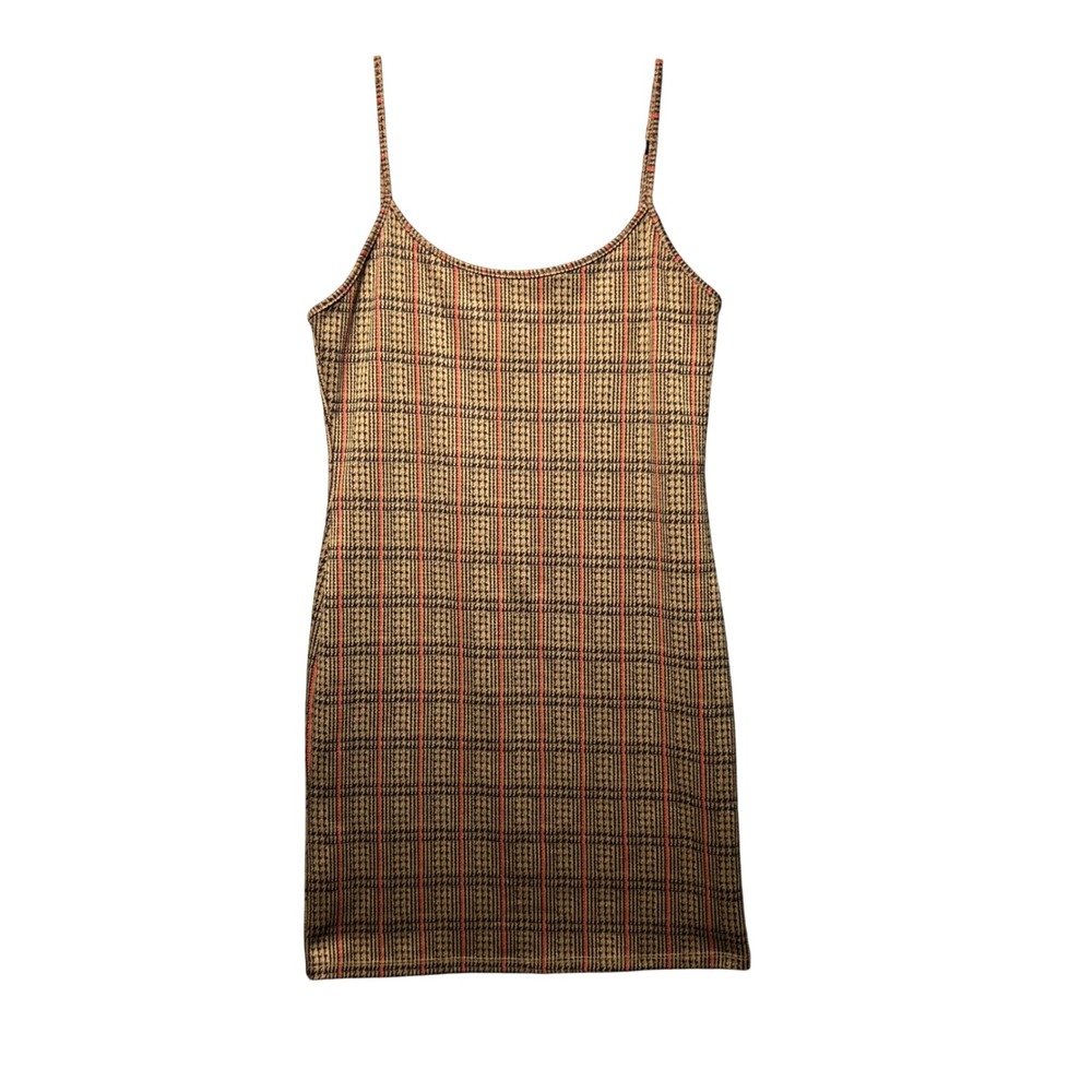 Liz & Sara Brown Orange Plaid Bodycon‎ Mini Dress Spaghetti Strap Womens Large